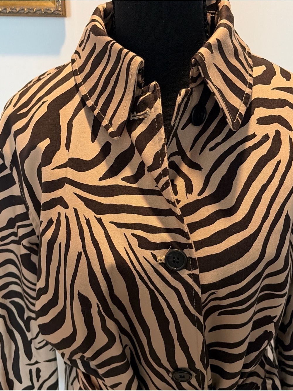 Brown Zebra Belted Trench Jacket XL Coat Cotton Mob Wife Classic animal print - Picture 3 of 13